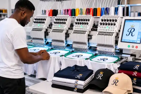 Machine à broder multitêtes brodant des chemises et des casquettes
