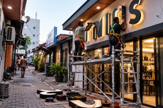 Installateurs fixant des lettres lumineuses sur une devanture