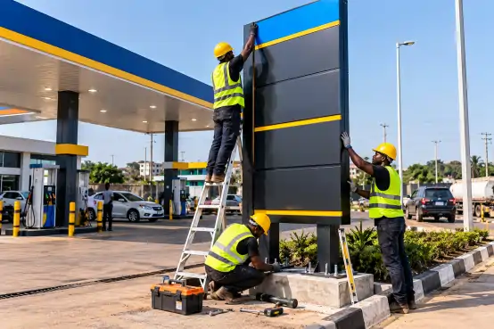 Installateurs posant un totem d'enseigne dans une station-service